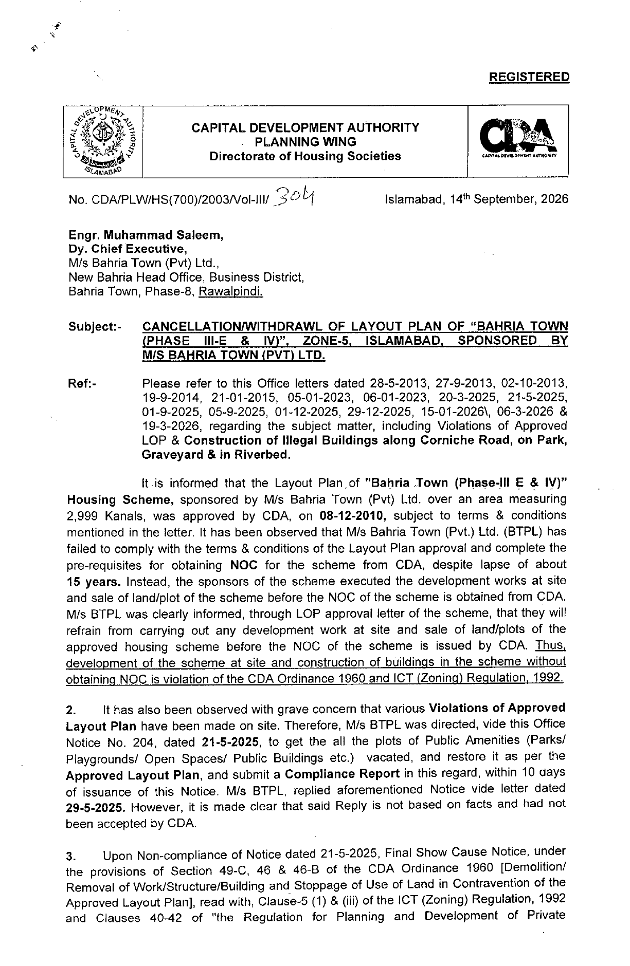 CDA Cancels Bahria Town Phase III-E & IV Islamabad Layout Plan — Friends Property Network