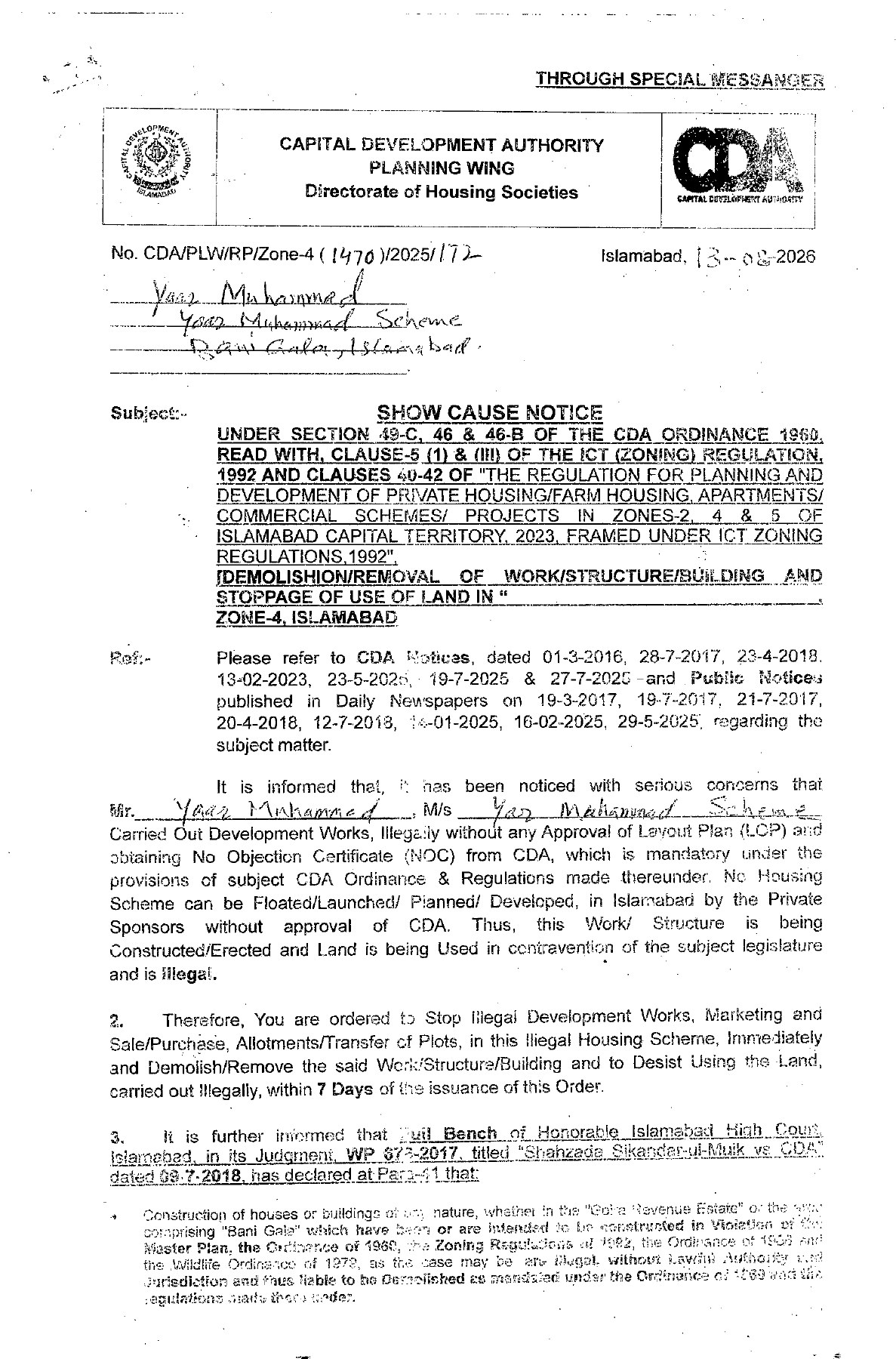 CDA Show-Cause Notices for Yaar Muhammad Scheme & Galaxy Enclave: Buyer Alert — Friends Property Network
